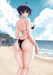 Rule 34 | 1girl, absurdres, ahoge, ass, beach, bikini, black bikini, black hair, blue sky, breasts, closed mouth, cloud, cloudy sky, commentary, deroo, english commentary, fang, hair between eyes, highres, kneepits, large breasts, median furrow, natsumi (deroo), ocean, original, outdoors, sand, shore, short hair, sky, solo, swimsuit, tomboy, water, yellow eyes
