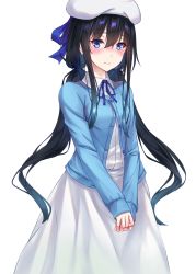 Rule 34 | 1girl, bad id, bad pixiv id, black hair, blue cardigan, blue eyes, blue ribbon, blush, breasts, cardigan, closed mouth, commentary request, dress, hair ribbon, hat, highres, long hair, long sleeves, looking at viewer, low twintails, medium breasts, n15e, neck ribbon, own hands together, ribbon, school uniform, shirt, simple background, skirt, sleeves past wrists, solo, twintails, v arms, very long hair, white background, white hat, white skirt, yahari ore no seishun lovecome wa machigatteiru., yukinoshita yukino