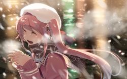 Rule 34 | 10s, 1girl, alternate costume, beret, blue hair, breath, brown scarf, commentary request, closed eyes, flower, gradient hair, hair flower, hair ornament, harusame (kancolle), hat, kantai collection, long hair, long sleeves, multicolored hair, open mouth, pink hair, scarf, side ponytail, solo, takuzui, very long hair, white flower, winter