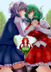 Rule 34 | 3girls, :&gt;, = =, ascot, blush stickers, braid, breasts, clenched hands, clenched teeth, female focus, fighting, food, garter straps, grabbing another&#039;s hair, green hair, heart, heavy breathing, highres, hong meiling, impossible clothes, izayoi sakuya, juliet sleeves, kazami yuuka, large breasts, long sleeves, maid, multiple girls, pantyhose, pocky, pocky kiss, puffy sleeves, red eyes, red hair, s-m!le yuu, shaded face, shared food, short hair, sweat, teeth, thick thighs, thighhighs, thighs, touhou, tree, trembling, vest, white hair, yuri