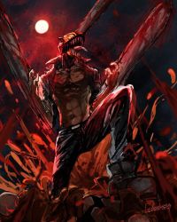 Rule 34 | 1boy, blood, blood on clothes, blood on face, blood on hands, blood splatter, blood spray, bloody weapon, chainsaw, chainsaw man, collared shirt, denji (chainsaw man), facing up, glowing, glowing eye, guro, highres, hybrid, leg up, linlinzhong, moon, muscular, muscular male, night, open clothes, open mouth, red theme, sharp teeth, shirt, solo, teeth, tongue, tongue out, weapon, white shirt