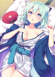 Rule 34 | 1girl, :o, absurdres, animal ears, aqua hair, blue archive, blush, breasts, commentary, futon, hair between eyes, hand fan, highres, japanese clothes, kimono, kofuyu (cofyuuun), large breasts, lying, multicolored eyes, obi, on back, open clothes, parted lips, pillow, sash, shigure (blue archive), shigure (hot spring) (blue archive), short hair, solo, sweat, tatami, wide sleeves, yukata