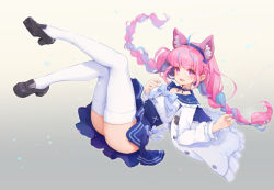 Rule 34 | 1girl, ahoge, anchor hair ornament, animal ear fluff, animal ears, black footwear, blue bow, blue bowtie, blue choker, blue hair, blue nails, blue skirt, blush, bow, bowtie, braid, breasts, cat ears, choker, commentary, english commentary, floating hair, frills, full body, gradient background, grey background, hair ornament, hairband, highres, hololive, jacket, kemonomimi mode, light blue hair, loafers, long hair, looking at viewer, medium breasts, minato aqua, minato aqua (sailor), miniskirt, multicolored hair, mushroommirror, nail polish, open clothes, open jacket, open mouth, panties, panty peek, pink eyes, pink hair, pleated skirt, sailor collar, shirt, shirt tucked in, shoes, simple background, skirt, smile, solo, streaked hair, thighhighs, thighs, twin braids, twintails, two-tone hair, underwear, virtual youtuber, white jacket, white panties, white shirt, white thighhighs