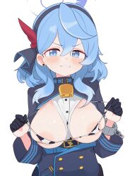 Rule 34 | 1girl, absurdres, ako (blue archive), areola slip, bell, black gloves, black hairband, blue archive, blue eyes, blue hair, blue halo, breasts, commentary, cowbell, gloves, hair between eyes, hairband, half gloves, halo, highres, large breasts, lk149, long sleeves, looking at viewer, medium hair, neck bell, simple background, single handcuff, smile, upper body, white background
