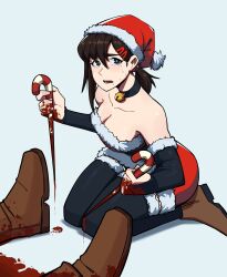 Rule 34 | 1girl, 1other, absurdres, aneurysm ax, black choker, black thighhighs, blood, blood on hands, blood on shoes, bloody weapon, breasts, bridal gauntlets, brown footwear, brown hair, chainsaw man, choker, corpse, death, dress, dual wielding, fur-trimmed dress, fur-trimmed gloves, fur-trimmed thighhighs, fur trim, gloves, grey background, hair ornament, hairclip, hat, higashiyama kobeni, highres, holding, holding weapon, kneeling, looking at viewer, medium breasts, medium hair, open mouth, pool of blood, santa dress, santa hat, seiza, short ponytail, simple background, single sidelock, sitting, solo focus, sweat, swept bangs, thighhighs, weapon