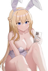 Rule 34 | 1girl, absurdres, animal ears, bare shoulders, between legs, blonde hair, blue eyes, braid, breasts, cellphone, cleavage, collarbone, commission, fake animal ears, hairband, highleg, highleg leotard, highres, holding, iphone, iphone 11 pro, kiro (kirotayu), knees up, large breasts, leotard, long hair, looking at viewer, original, phone, playboy bunny, rabbit ears, sitting, smartphone, smile, solo, strapless, strapless leotard, thighs, very long hair, white leotard