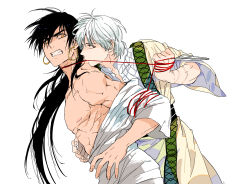 Rule 34 | 2boys, abs, adam&#039;s apple, bdsm, black hair, bondage, bound, bound arms, clenched teeth, earrings, fighting, freckles, funpjinju, highres, ja&#039;far (magi), jewelry, long hair, looking at another, magi the labyrinth of magic, male focus, manly, multiple boys, muscular, nipples, ponytail, profile, scar, shirt slip, short hair, sinbad (magi), teeth, tunic, weapon, white background, white hair, wire