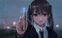 Rule 34 | 1girl, absurdres, bad id, bad pixiv id, black hair, black necktie, blue eyes, blurry, bokeh, bus, commentary, crane (machine), depth of field, dress shirt, expressionless, fingernails, hand up, highres, holding, jacket, jun (5455454541), lips, looking at viewer, men in black, motor vehicle, necktie, neuralyzer, night, original, outdoors, parody, parted lips, rain, shirt, short hair, solo, suit jacket, two side up