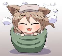 1girl :3 :d animal_ear_fluff animal_ears bathing blush brown_hair closed_eyes commentary_request eighth_note facing_viewer fox_ears fox_girl fox_tail gradient_background ko~n kudamaki_tsukasa musical_note open_mouth rokugou_daisuke short_hair signature smile solo tail touhou towel towel_on_head