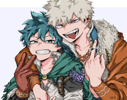 Rule 34 | 2boys, 2nd popularity poll (boku no hero academia), absurdres, alternate hair color, anime coloring, aqua eyes, aqua hair, arm over shoulder, artist name, bakugou katsuki, blue vest, boku no hero academia, bright pupils, cape, censored, censored gesture, chin rest, collarbone, ear piercing, earrings, freckles, fukami (hk3), fur-trimmed vest, fur (clothing), fur shawl, fur trim, furrowed brow, gloves, green cape, grey hair, grey shirt, grin, hair between eyes, hand on another&#039;s arm, hand up, happy, head on head, head rest, high collar, highres, jewelry, leaning on person, letterboxed, looking at viewer, male focus, middle finger, midoriya izuku, multiple boys, multiple necklaces, multiple piercings, narrowed eyes, necklace, no shirt, official alternate costume, open collar, open mouth, orange sleeves, outside border, piercing, pointless censoring, purple background, red eyes, red gloves, scar, scar on chest, shawl, shirt, short hair, shoulder pads, single shoulder pad, slit pupils, smile, spiked hair, spoilers, teeth, torn cape, torn clothes, uneven eyes, upper body, v, v-shaped eyebrows, vest, white pupils, yellow brooch