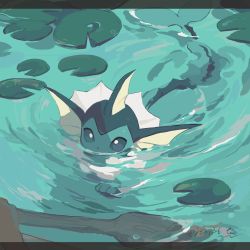 Rule 34 | absurdres, aqua theme, bad id, bad pixiv id, commentary request, creatures (company), game freak, gen 1 pokemon, hideko (l33l3b), highres, lily pad, nintendo, no humans, partially submerged, pokemon, pokemon (creature), solo, swimming, twitter username, vaporeon, water