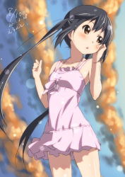 Rule 34 | 1girl, 2011, bare shoulders, black hair, blush, brown eyes, dated, dress, errant, frilled dress, frills, k-on!, long hair, nakano azusa, sleeveless, solo, sundress, twintails