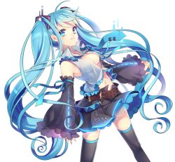 Rule 34 | 1girl, adapted costume, belt, blue eyes, blue hair, breasts, curly hair, detached sleeves, glowing, gradient hair, hatsune miku, light smile, long hair, looking at viewer, making-of available, masaru.jp, matching hair/eyes, multicolored hair, navel, necktie, neon trim, no bra, ribbon, simple background, skirt, smile, solo, thighhighs, twintails, very long hair, vocaloid, white background