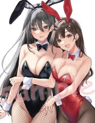 Rule 34 | 2girls, animal ears, bare shoulders, black hair, black leotard, blush, bow, bowtie, breasts, brown hair, brown pantyhose, cleavage, commentary request, covered navel, detached collar, fake animal ears, fishnet pantyhose, fishnets, hamu (plot sy), highleg, highleg leotard, highres, large breasts, leotard, long hair, looking at viewer, multiple girls, open mouth, original, pantyhose, playboy bunny, rabbit ears, rabbit tail, red leotard, sample watermark, smile, tail, traditional bowtie, watermark, wrist cuffs