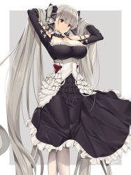 Rule 34 | 1girl, arms up, azur lane, bare shoulders, between breasts, black dress, blush, border, breasts, cleavage, closed mouth, dress, formidable (azur lane), frilled dress, frills, grey background, grey hair, hair ribbon, hands in hair, highres, large breasts, long hair, long sleeves, looking at viewer, pantyhose, red eyes, ribbon, simple background, solo, tony guisado, twintails, two-tone dress, two-tone ribbon, very long hair, white border, white pantyhose