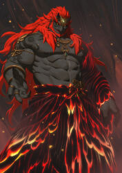 Rule 34 | 1boy, abs, bara, beard, black sclera, colored sclera, colored skin, commentary, demon boy, demon horns, english commentary, facial hair, ganondorf, grey skin, highres, horns, jewelry, long hair, looking at viewer, male focus, muscular, muscular male, nesskain, nintendo, nipples, parted lips, red hair, ring, smirk, solo, tattoo, teeth, the legend of zelda, the legend of zelda: tears of the kingdom, very long hair, yellow eyes