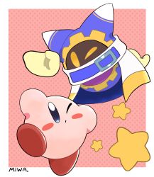 Rule 34 | arm up, arms up, artist name, belt, blank eyes, blue eyes, blush, blush stickers, border, cloak, closed mouth, eye contact, floating, full body, gloves, highres, kirby, kirby (series), leg up, looking at another, magolor, miwa (ahyuck), nintendo, no humans, one eye closed, outside border, pink background, polka dot, polka dot background, rayman limbs, signature, solid oval eyes, standing, standing on one leg, star (symbol), white border, wink, yellow eyes, yellow gloves