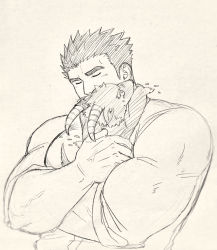 Rule 34 | 1boy, bara, creature, crying, fle0423, greyscale, hug, large pectorals, male focus, protagonist 3 (housamo), monochrome, muscular, muscular male, pectorals, salomon (housamo), short hair, sideburns, sketch, sleeves rolled up, solo focus, thick eyebrows, tokyo houkago summoners, traditional media, upper body