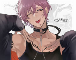 Rule 34 | 1boy, arm tattoo, artist name, bishounen, black choker, black hair, black tank top, chest tattoo, choker, collarbone, commentary request, eyelashes, fang, forked tongue, hair between eyes, hands up, highres, long sleeves, male focus, multicolored hair, munimuni muniwo, o-ring, o-ring choker, off shoulder, one eye closed, original, pink hair, purple hair, red eyes, short hair, simple background, skin fang, solo, tank top, tattoo, tongue, tongue out, twitter username, two-tone hair, upper body, yami kawaii