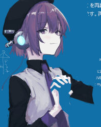Rule 34 | 1girl, 1other, ai ai gasa, beret, black shirt, blending, blue background, blurry, blurry background, cable, character name, collared shirt, grey vest, hair between eyes, hand up, hat, headphones, holding hands, interlocked fingers, light smile, long sleeves, looking at viewer, looking to the side, msb (a47630968), necktie, outstretched arm, pale skin, purple eyes, purple hair, purple necktie, shirt, short hair, solo focus, standing, upper body, utane uta, utau, vest