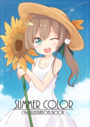 Rule 34 | 1girl, ;d, bad id, bad twitter id, bare arms, bare shoulders, blue sky, blush, breasts, brown hair, brown hat, cat hair ornament, cleavage, cloud, collarbone, commentary request, cover, cover page, day, dress, flower, green eyes, hair between eyes, hair ornament, hat, highres, holding, holding flower, hololive, long hair, looking at viewer, natsuiro matsuri, okota mikan, one eye closed, open mouth, outdoors, ponytail, sky, sleeveless, sleeveless dress, small breasts, smile, solo, sun hat, sunflower, teeth, upper teeth only, virtual youtuber, white dress, yellow flower