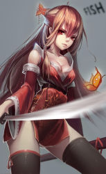 Rule 34 | 1girl, absurdres, black thighhighs, breasts, brown hair, bug, butterfly, butterfly hair ornament, china dress, chinese clothes, cleavage, collarbone, detached sleeves, dress, grey background, hair ornament, highres, holding, holding sword, holding weapon, insect, katana, lace-trimmed sleeves, lace trim, long hair, looking at viewer, medium breasts, original, red eyes, scorpionfish, simple background, solo, sword, thighhighs, weapon