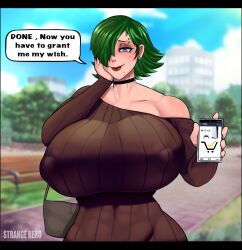 Rule 34 | 1girl, 2020, artist name, avis (strangehero), bench, blue eyes, blurry, blurry background, breasts, brown shirt, choker, city, clothing cutout, cloud, cloudy sky, commentary, covered erect nipples, depth of field, earrings, english commentary, english text, eyeshadow, female focus, game console, green hair, hair over one eye, hands on own cheeks, hands on own face, heart, heart-shaped pupils, highres, holding, holding phone, huge breasts, jewelry, looking at viewer, makeup, mole, mole under mouth, navel cutout, original, outdoors, park, park bench, phone, piercing, playstation 5, purple eyeshadow, red lips, shirt, short hair, sky, solo, speech bubble, strangehero, sweater, symbol-shaped pupils, tree, upper body, you gonna get raped