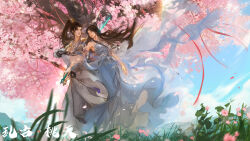 Rule 34 | 1boy, 1girl, absurdres, blue dress, blue sky, brown hair, character request, cherry blossoms, cloud, couple, dress, floating clothes, floating hair, flower, grass, hair bun, hair ornament, highres, holding, holding sword, holding weapon, long hair, parted lips, pink flower, reverse grip, sash, second-party source, side-by-side, sky, sword, teeth, wanmei shijie, weapon, yue chan (wanmei shijie), zacao tong