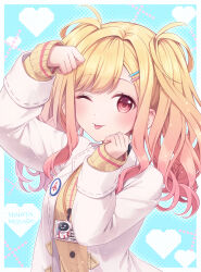 Rule 34 | 1girl, :p, artist name, blonde hair, blush, cardigan, coat, commentary request, get over it. (project sekai), gradient hair, hair ornament, hairclip, hand on own head, hinata mizuiro, id card, lab coat, long hair, long sleeves, looking at viewer, multicolored hair, one eye closed, open clothes, open coat, pink eyes, pink hair, project sekai, scientist, solo, sweater, tehepero, tenma saki, tongue, tongue out, twintails, white coat, yellow cardigan, yellow sweater
