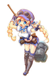 Rule 34 | 1girl, :d, absurdres, arm up, armored boots, bag, blonde hair, blue eyes, blue footwear, blue gloves, blue hat, blue ribbon, blue shorts, blush, boots, braid, breasts, commentary request, fingerless gloves, fingernails, full body, gloves, goggles, goggles on headwear, hair between eyes, hammer, hat, highres, holding, holding hammer, knee boots, kuwada yuuki, long hair, looking at viewer, midriff, navel, open mouth, outstretched arm, peaked cap, pointing, pointing at viewer, puffy short sleeves, puffy sleeves, ribbon, satchel, shirt, short shorts, short sleeves, shorts, simple background, small breasts, smile, soa welch vineyard, solo, standing, star ocean, star ocean anamnesis, twin braids, twintails, v-shaped eyebrows, very long hair, white background, white shirt