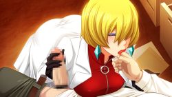 Rule 34 | 10s, 1girl, ass, belt, black gloves, blonde hair, blush, breasts, butcha-u, censored, closed eyes, earrings, erection, eyebrows, eyelashes, eyeshadow, finger to another&#039;s mouth, game cg, gloves, hair over one eye, handjob, ichijou shizuka, indoors, jewelry, jutaijima, kneeling, lab coat, large breasts, legs, lips, lipstick, makeup, mature female, mole, mole under mouth, mosaic censoring, penis, pov, red lips, short hair, sitting, solo focus, tanaka shouta, thick lips, thighs, unzipped, zipper