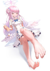 Rule 34 | 1girl, absurdres, arm behind back, barefoot, blue archive, cake, dorsiflexion, feet, food, highres, knees together feet apart, long hair, looking at viewer, mika (blue archive), pink hair, side bun, smile, soles, swiss roll, toes, wings, yellow eyes