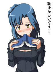 Rule 34 | 10s, 1girl, blue hair, blush, book, breasts, cleavage, embarrassed, frown, holding, holding book, idolmaster, idolmaster million live!, lielos, long sleeves, looking at viewer, meme attire, nanao yuriko, open-chest sweater, ribbed sweater, short hair, small breasts, solo, standing, sweatdrop, sweater, turtleneck, upper body, white background, yellow eyes