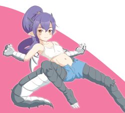 Rule 34 | 1girl, blue shorts, breasts, highres, looking at viewer, midriff, mon-musu quest!, navel, papi (mon-musu quest!), ponytail, purple hair, shirt, short shorts, shorts, small breasts, smile, solo, tank top, white shirt, zeniselv