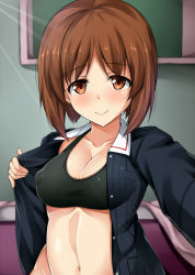 Rule 34 | 10s, 1girl, bed, black bra, blazer, blush, bra, breasts, brown eyes, brown hair, buttons, cleavage, closed mouth, collarbone, covered erect nipples, foreshortening, girls und panzer, hip focus, indoors, jacket, kuragari, light rays, light smile, long sleeves, looking at viewer, medium breasts, midriff, navel, nishizumi miho, no shirt, open clothes, open jacket, orange eyes, parted bangs, pocket, school uniform, serafuku, smile, solo, sports bra, stomach, sunbeam, sunlight, taut clothes, unbuttoned, underwear, undressing, upper body, wide hips