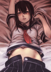 Rule 34 | 10s, 1girl, bed sheet, black eyes, black hair, blush, commentary request, fubuki (kancolle), groin, highres, indoors, kantai collection, looking at viewer, lying, midriff, midriff peek, navel, on back, open clothes, open fly, open skirt, parted lips, pleated skirt, realistic, school uniform, serafuku, sheet grab, short sleeves, skirt, solo, unbuttoned, unzipped, yunoji (makuswel)