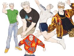 Rule 34 | 1boy, animal print, black shirt, blue pants, blue shorts, bokuto koutarou, brown pants, chain, chain necklace, chengongzi123, commentary, creeper, cropped legs, denim, full body, green shirt, grey hair, haikyuu!!, hand on own hip, hand up, highres, jeans, jewelry, jumping, leopard print, long sleeves, looking at viewer, male focus, midriff peek, multiple views, necklace, open mouth, pants, red sweater, shirt, short hair, short sleeves, shorts, simple background, standing, sweater, symbol-only commentary, very short hair, waving, white background, white shirt, yellow eyes, yellow footwear