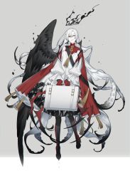 Rule 34 | 1other, absurdres, airash, androgynous, black eyes, black wings, closed mouth, dress, feathered wings, full body, halo, highres, holding, holding suitcase, long hair, long sleeves, looking at viewer, original, puffy sleeves, single wing, suitcase, tentacle hair, very long hair, white hair, wings