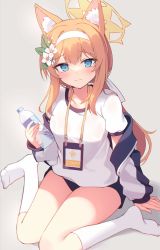 Rule 34 | 1girl, animal ear fluff, animal ears, blue archive, blue eyes, blush, bottle, closed mouth, collarbone, commentary, flower, gym uniform, hair flower, hair ornament, hair ribbon, hair tie, hairband, halo, hand on ground, highres, holding, holding bottle, id card, jacket, jacket partially removed, long hair, long sleeves, looking at viewer, mari (blue archive), mari (track) (blue archive), no shoes, official alternate costume, orange hair, ponytail, ribbon, shirt, short sleeves, shorts, simple background, sitting, socks, solo, sportswear, sweat, thighs, track jacket, tsuzaki tsunomi, wariza, wet, wet clothes, wet shirt, white background, white hairband, white shirt, white socks