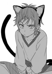 Rule 34 | 1boy, animal ear fluff, animal ears, blush, cat boy, cat ears, cat tail, headband, looking at viewer, male focus, oversized clothes, shokill, shorts, shy, solo, solo focus, tail, yata misaki