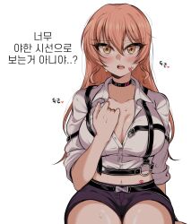 Rule 34 | 1girl, alternate costume, black choker, blush, breasts, chest harness, choker, cleavage, collarbone, commentary, hand on own chest, harness, heartbeat, highres, idolmaster, idolmaster cinderella girls, jougasaki mika, korean text, large breasts, lipstick mark, lipstick mark on face, lipstick mark on stomach, long hair, looking at viewer, midriff, nwaru, open collar, partially unbuttoned, pink hair, purple shorts, shirt, short shorts, shorts, simple background, sleeves rolled up, solo, sweatdrop, translated, very long hair, white background, white shirt, yellow eyes
