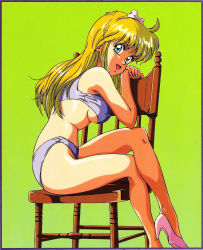Rule 34 | 1980s (style), 1girl, absurdres, ass, bikini, blonde hair, blue eyes, chair, highres, long hair, mon-mon (miyazaki kenjin), official art, retro artstyle, retro artstyle, solo, swimsuit