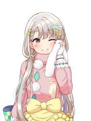 Rule 34 | 1girl, ;), absurdres, bad id, bad pixiv id, blush, bow, braid, braided bangs, character name, closed mouth, commentary request, facial mark, fingerless gloves, gloves, grey hair, hair ornament, hair over shoulder, hairclip, hand up, heart, heart facial mark, highres, hisakawa nagi, holding, holding towel, idolmaster, idolmaster cinderella girls, idolmaster cinderella girls starlight stage, long hair, long sleeves, looking at viewer, low twintails, mitsumine raimu, one eye closed, pink shirt, puffy long sleeves, puffy sleeves, shirt, simple background, smile, solo, star (symbol), star hair ornament, towel, twintails, very long hair, white background, white gloves, yellow bow