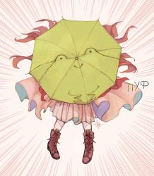 Rule 34 | 1girl, boots, brown footwear, covered face, cyrillic, dress, full body, green umbrella, highres, long hair, patchouli knowledge, pink background, pink dress, purple hair, signature, smile, solo, svveetberry, touhou, umbrella, very long hair