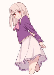 Rule 34 | 1girl, absurdres, arms behind back, bad id, bad pixiv id, fate/stay night, fate (series), frilled skirt, frills, highres, illyasviel von einzbern, long hair, long sleeves, looking at viewer, lq saku, purple shirt, red eyes, shirt, silver hair, skirt, smile, solo, very long hair, white skirt