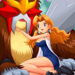 Rule 34 | 1990s (style), 1girl, ^ ^, animated, animated gif, blue eyes, breasts, brown hair, cleavage, closed eyes, creatures (company), dress, entei, closed eyes, game freak, gen 2 pokemon, lab coat, large breasts, legendary pokemon, legs, lowres, molly hale, nintendo, aged up, panties, pantyshot, pokemoa, pokemon, pokemon (anime), pokemon (classic anime), pokemon (creature), pokemon 3: the movie - spell of the unown: entei, retro artstyle, smile, thighs, third-party edit, underwear