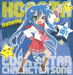 Rule 34 | 00s, 1girl, ;d, ahoge, album cover, blue hair, blush, brown socks, character single, cover, green eyes, hand on own hip, highres, izumi konata, kneehighs, loafers, long hair, long sleeves, looking at viewer, lucky star, neckerchief, one eye closed, open mouth, pink neckerchief, pointing, pointing up, red skirt, sailor collar, school uniform, serafuku, shirt, shoes, skirt, smile, socks, solo, very long hair, white shirt