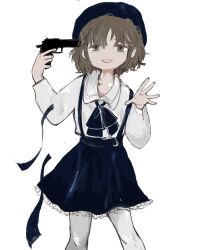 Rule 34 | 1girl, beret, black hat, black ribbon, black skirt, brown eyes, brown hair, collared shirt, commentary, fang, grey shirt, gun, gun to head, half-closed eyes, handgun, hands up, hat, hatoba tsugu, highres, holding, holding gun, holding weapon, imminent suicide, long sleeves, looking at viewer, messy hair, mole, mole under eye, neck ribbon, open hand, open mouth, pantyhose, ribbon, rokka seira, shirt, shirt tucked in, simple background, skirt, smile, solo, standing, straight-on, suspender skirt, suspenders, tsugu (vtuber), unworn ribbon, virtual youtuber, weapon, white background, white pantyhose, white shirt