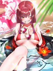 Rule 34 | 1girl, arm support, beach, bikini, black jacket, blurry, blurry foreground, blush, breasts, collarbone, commentary request, eyewear in mouth, feet out of frame, floral print, flower, gold trim, gradient hair, hibiscus print, highres, hololive, houshou marine, houshou marine (summer), innertube, jacket, jewelry, large breasts, leaning back, lens flare, leonis g, long hair, looking to the side, micro bikini, mouth hold, multicolored hair, navel, necklace, off shoulder, official alternate costume, one eye closed, partially submerged, petals, purple hair, red bikini, red hair, see-through, see-through shorts, shiny skin, shorts, sideboob, sidelocks, skindentation, solo, swim ring, swimsuit, teeth, teeth hold, thighs, underboob, virtual youtuber, water, yellow eyes