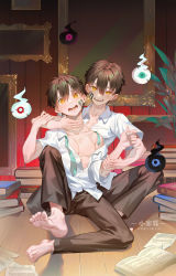 Rule 34 | 2boys, absurdres, bad id, bad pixiv id, bare arms, bare pectorals, barefoot, bishounen, book, brothers, brown hair, character request, commentary request, disembodied eye, ghost, glowing, glowing eyes, hanako (jibaku shounen hanako-kun), highres, indoors, jibaku shounen hanako-kun, looking at viewer, male focus, multiple boys, necktie, orb, pants, pectorals, picture frame, plant, short sleeves, siblings, struggling, study (room), teeth, twins, unbuttoned, unbuttoned shirt, wooden floor, xiaojiaju, yellow eyes, yugi tsukasa